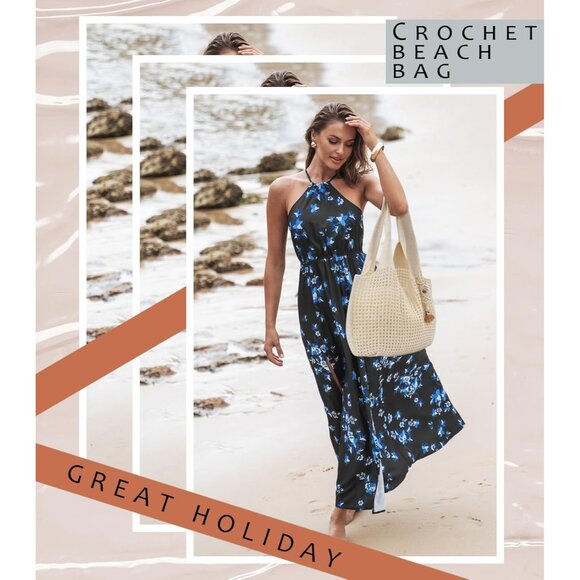 L-beige Crochet Tote Bag Summer Beach Elegant Knit Shoulder Bag with Macrame Hat - Picture 4 of 6